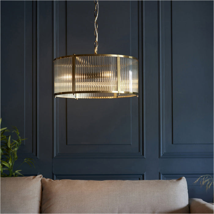 Hanging Ceiling Pendant Light - Antique Brass Plate & Clear Ribbed Glass - 3 X 6W LED E14