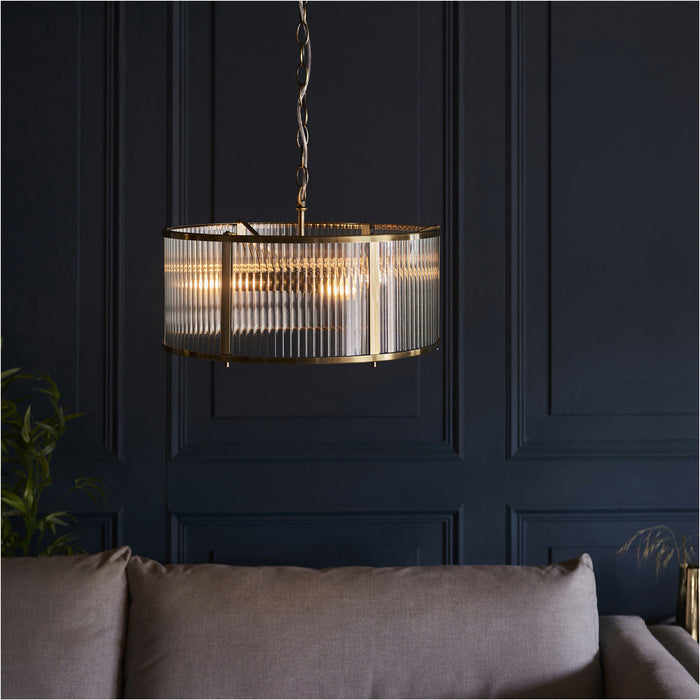 Hanging Ceiling Pendant Light - Antique Brass Plate & Clear Ribbed Glass - 3 X 6W LED E14