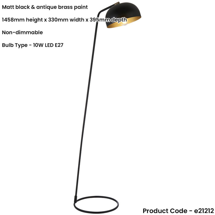 1458mm Floor Lamp - Matt Black & Antique Brass Sleek Industrial Slim - Standing LED Light Base & Shade