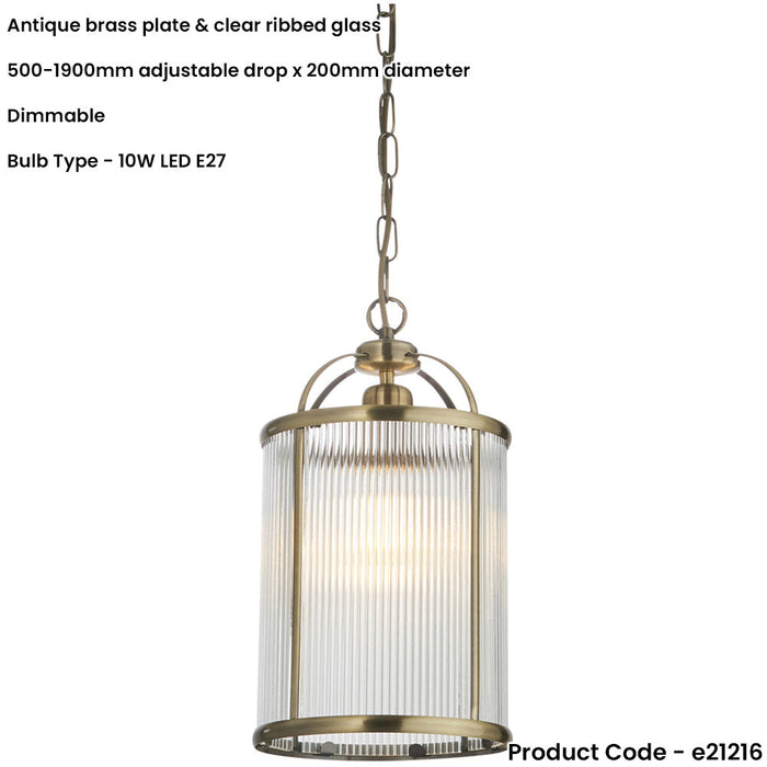 Hanging Ceiling Pendant Light - Antique Brass Plate & Clear Ribbed Glass - 10W LED E27