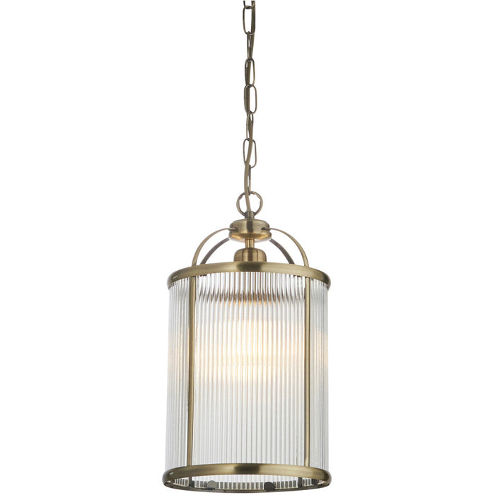 Hanging Ceiling Pendant Light - Antique Brass Plate & Clear Ribbed Glass - 10W LED E27