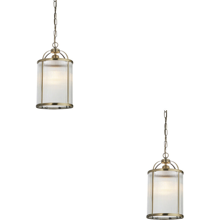 2 PACK Hanging Ceiling Pendant Light - Antique Brass Plate & Clear Ribbed Glass - 10W LED E27