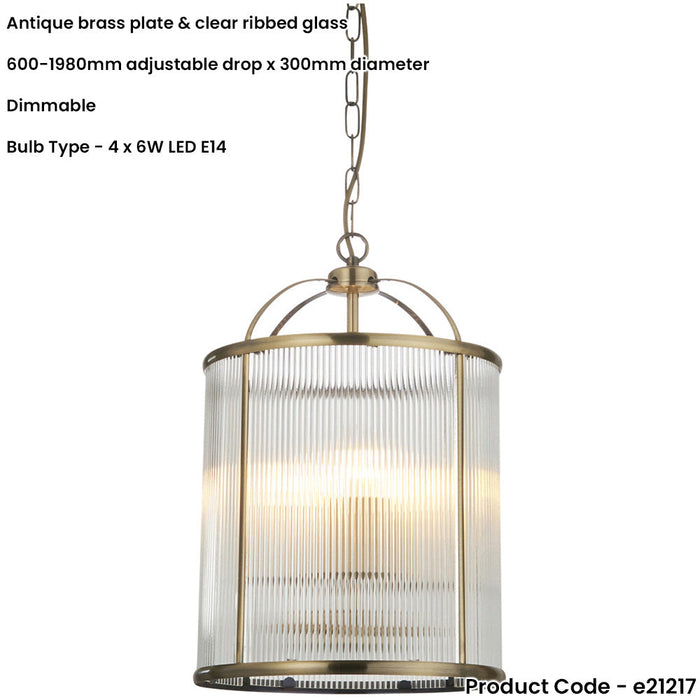 Hanging Ceiling Pendant Light - Antique Brass Plate & Clear Ribbed Glass - 4 X 6W LED E14