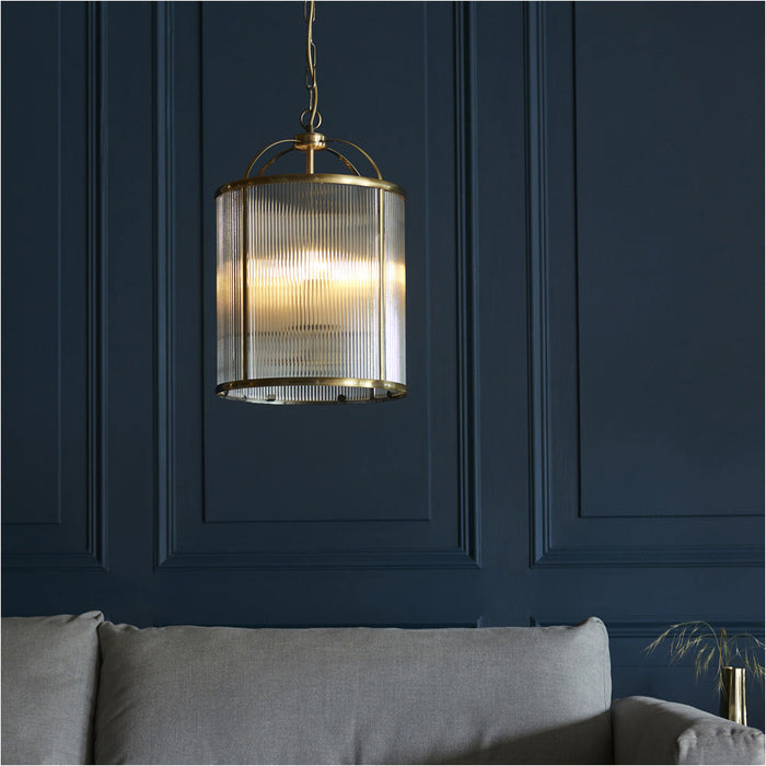 Hanging Ceiling Pendant Light - Antique Brass Plate & Clear Ribbed Glass - 4 X 6W LED E14