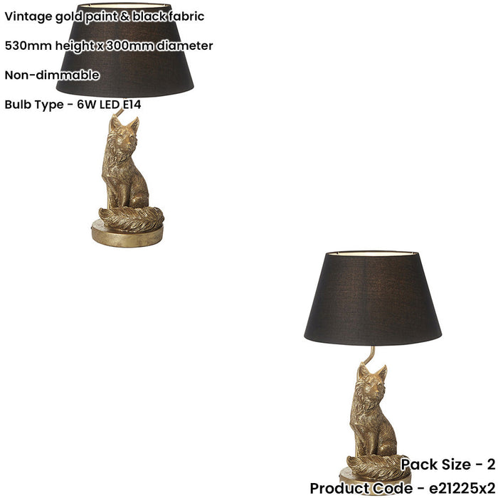 2 PACK Vintage Gold Paint & Black Fabric Table Lamp - 530mm Tall Light