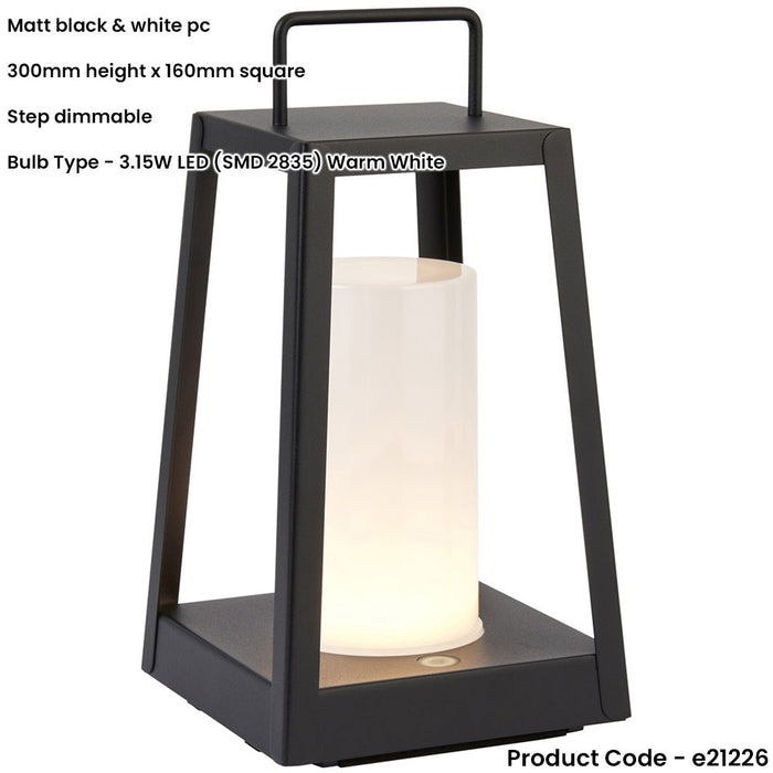 Matt Black & White Candle Dimmable Lamp - USB Chargable LED Lantern - IP44 Outdoor Table Light