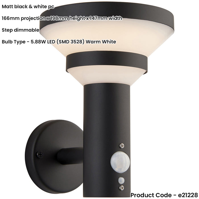 Outdoor Matt Black Wall Light - White Pc Shade - Solar Powered Lamp - Step Dimmable 5.88W LED (Smd 3528) Warm White