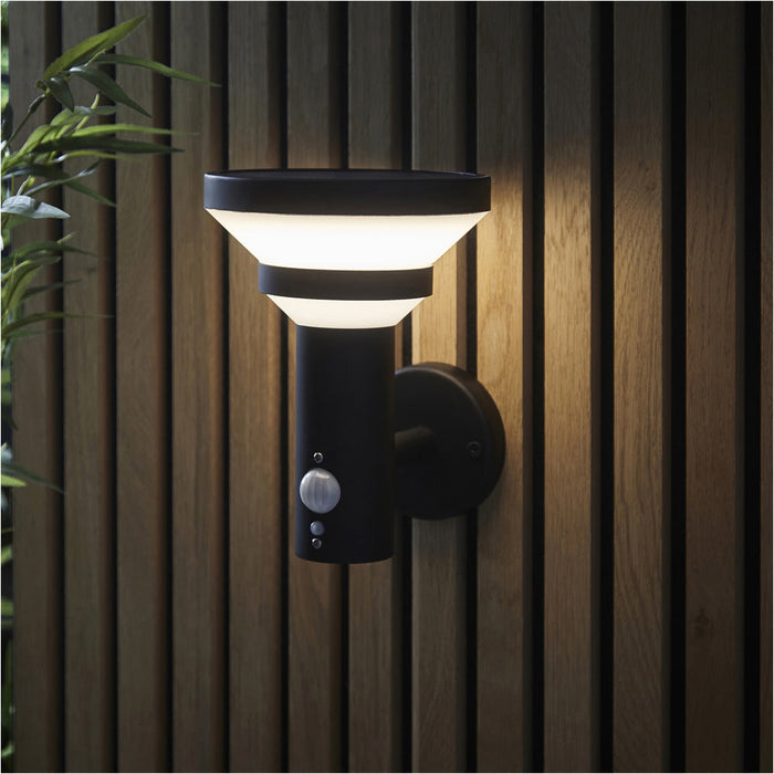 Outdoor Matt Black Wall Light - White Pc Shade - Solar Powered Lamp - Step Dimmable 5.88W LED (Smd 3528) Warm White