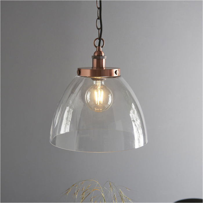 2 PACK Hanging Ceiling Pendant Light - Aged Copper Plate & Clear Glass - 10W LED E27