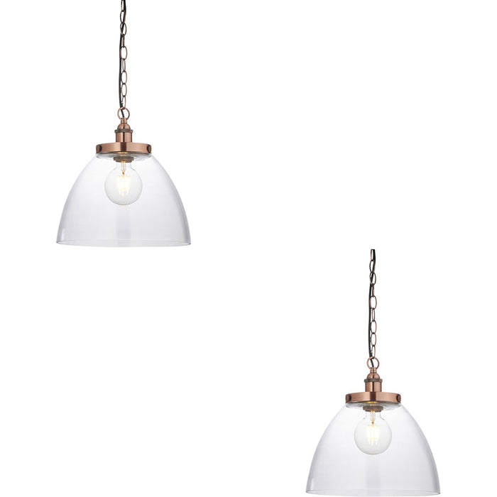 2 PACK Hanging Ceiling Pendant Light - Aged Copper Plate & Clear Glass - 10W LED E27