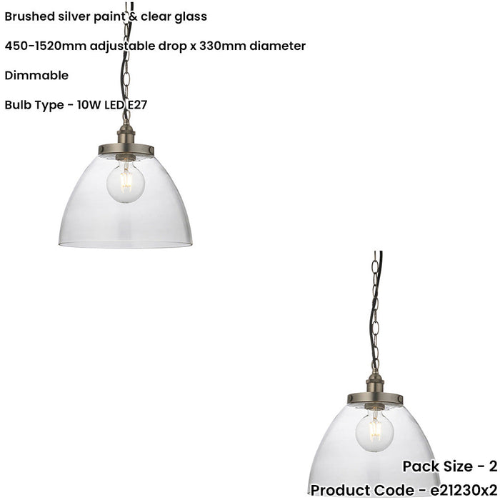 2 PACK Hanging Ceiling Pendant Light - Brushed Silver Paint & Clear Glass - 10W LED E27