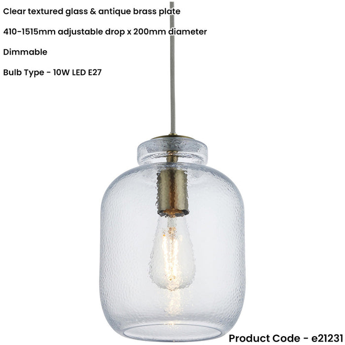 Hanging Ceiling Pendant Light - Clear Textured Glass & Antique Brass Plate - 10W LED E27