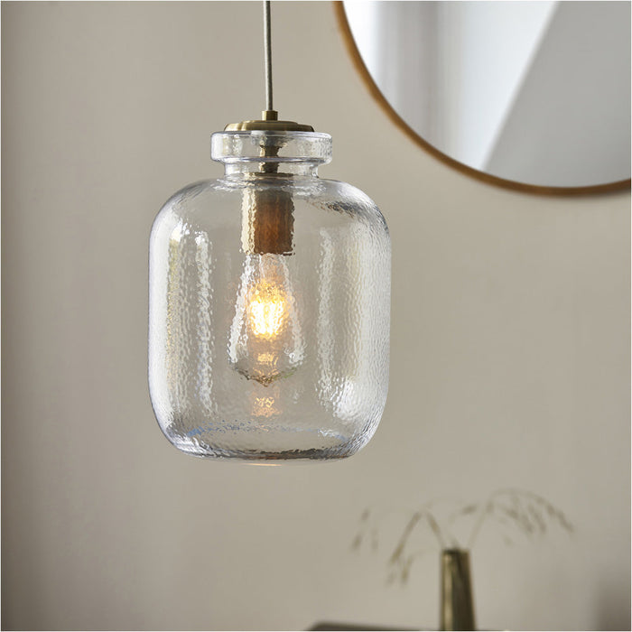 2 PACK Hanging Ceiling Pendant Light - Clear Textured Glass & Antique Brass Plate - 10W LED E27