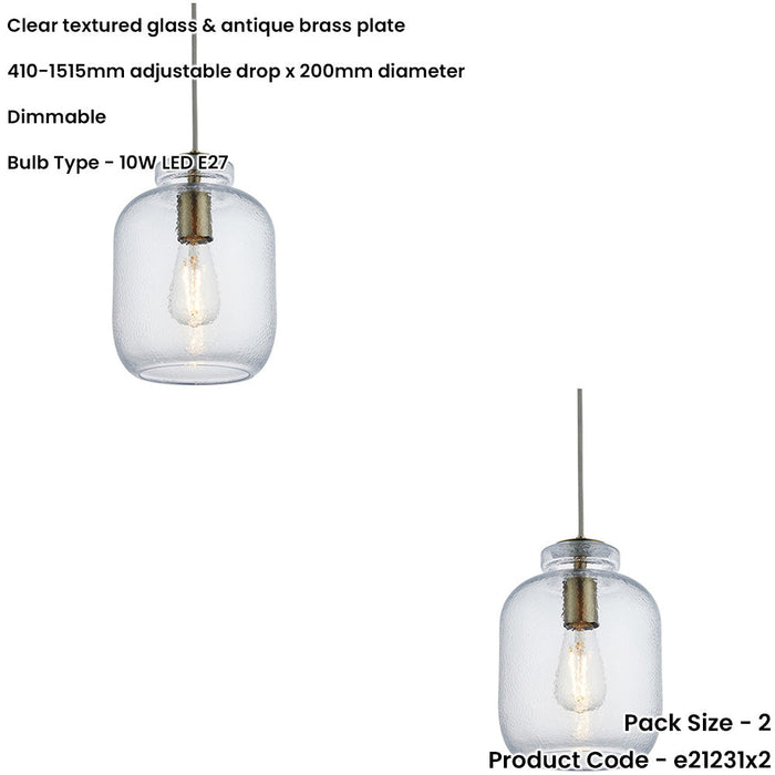 2 PACK Hanging Ceiling Pendant Light - Clear Textured Glass & Antique Brass Plate - 10W LED E27