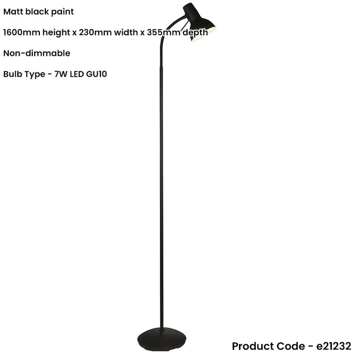 1600mm Floor Lamp - Matt Black Adjustable Head Task - Standing LED Light Base & Shade