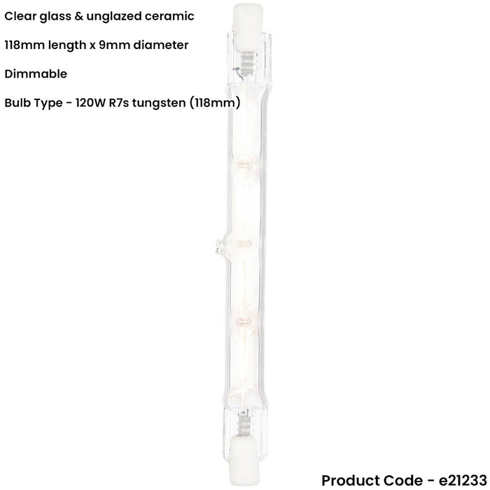 Clear Glass & Ceramic 120W R7s tungsten (118mm) Light Bulb - Dimmable Warm White - 2250lm 3000k