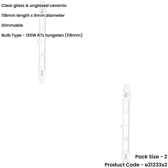 2 PACK Clear Glass & Ceramic 120W R7s tungsten (118mm) Light Bulb - Dimmable Warm White - 2250lm 3000k