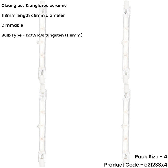 4 PACK Clear Glass & Ceramic 120W R7s tungsten (118mm) Light Bulb - Dimmable Warm White - 2250lm 3000k