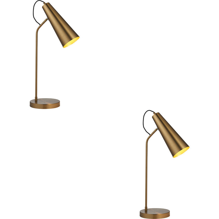 2 PACK Antique Brass Task Lamp - Adjustable Long Shade - Industrial Look Table Light