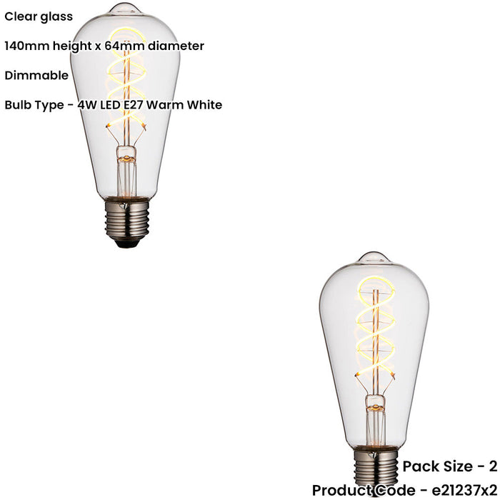 2 PACK Clear Glass 4W E27 Pear Filament LED Light Bulb - Dimmable Warm White - 265lm 2200k