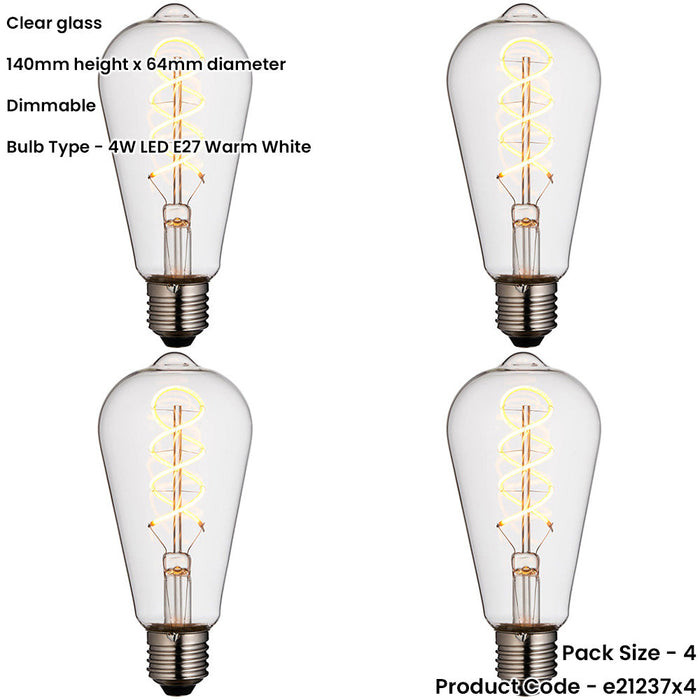 4 PACK Clear Glass 4W E27 Pear Filament LED Light Bulb - Dimmable Warm White - 265lm 2200k