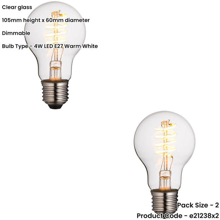 2 PACK Clear Glass 4W E27 GLS LED Light Bulb - Dimmable Warm White - 265lm 2200k