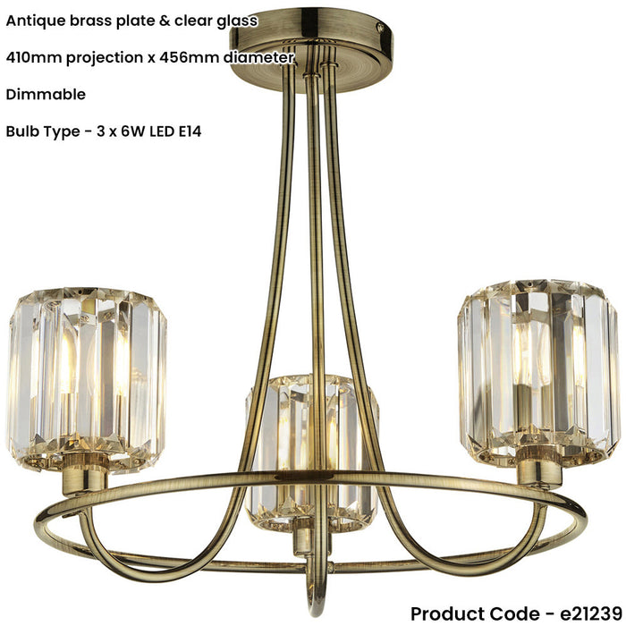 Antique Brass Semi Flush Low Ceiling Light - Clear Multi Arm Glass - 3 X 6W LED E14