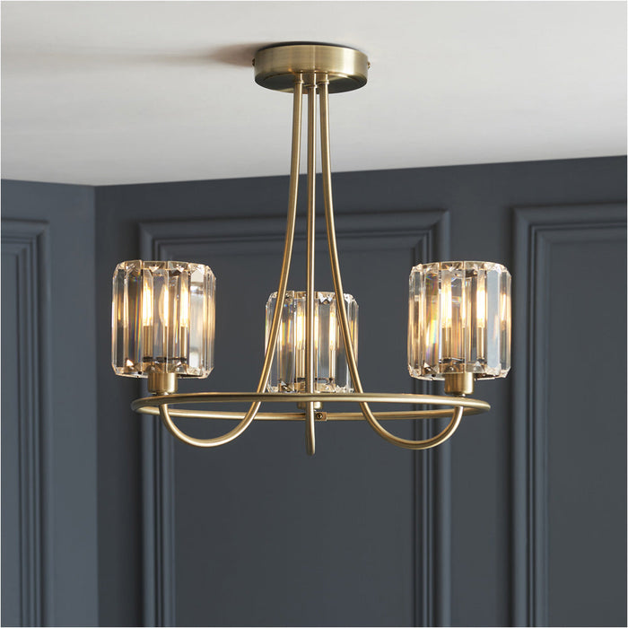 2 PACK Antique Brass Semi Flush Low Ceiling Light - Clear Multi Arm Glass - 3 X 6W LED E14