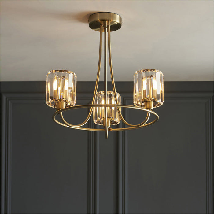 3 Light Semi Flush Ceiling Lamp & 2x Matching Wall Lights - Antique Brass Faceted Glass Shade