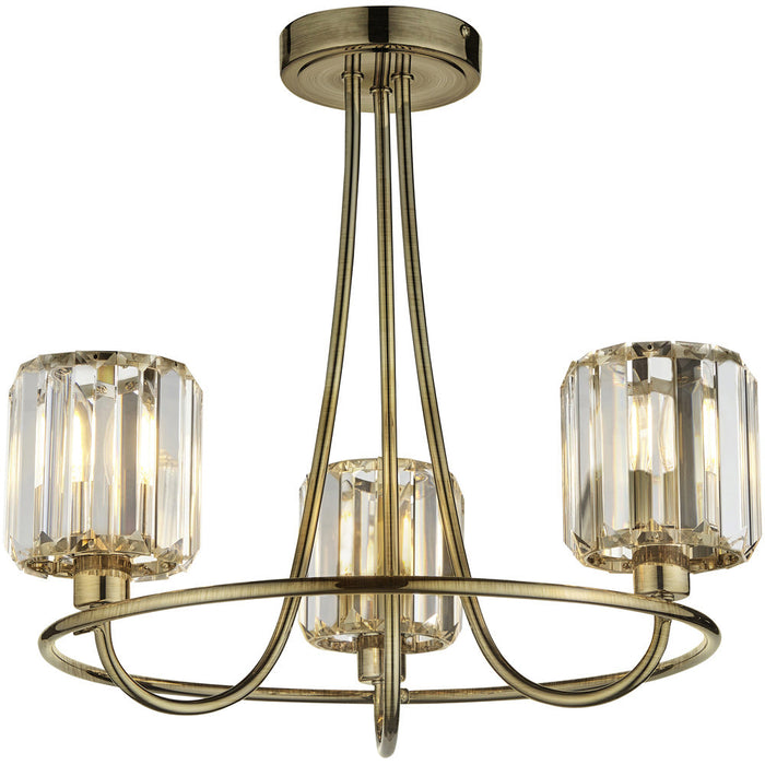 3 Light Semi Flush Ceiling Lamp & 2x Matching Wall Lights - Antique Brass Faceted Glass Shade