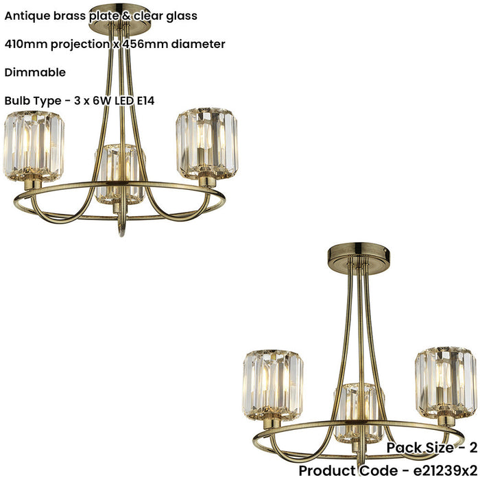 2 PACK Antique Brass Semi Flush Low Ceiling Light - Clear Multi Arm Glass - 3 X 6W LED E14