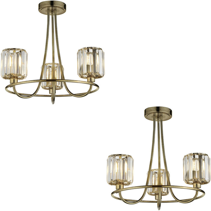 2 PACK Antique Brass Semi Flush Low Ceiling Light - Clear Multi Arm Glass - 3 X 6W LED E14