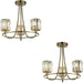 2 PACK Antique Brass Semi Flush Low Ceiling Light - Clear Multi Arm Glass - 3 X 6W LED E14