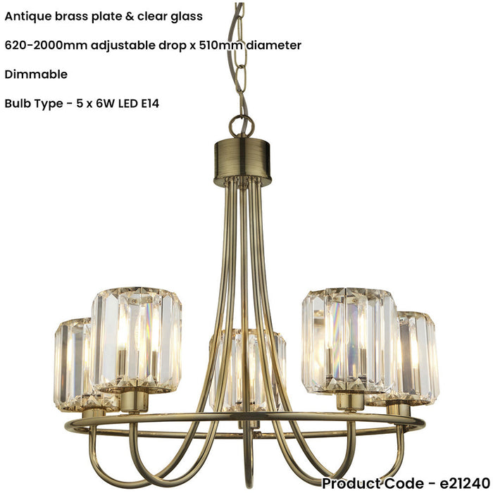 Multi Arm Hanging Ceiling Pendant Light - Antique Brass Plate & Clear Glass - 5 X 6W LED E14