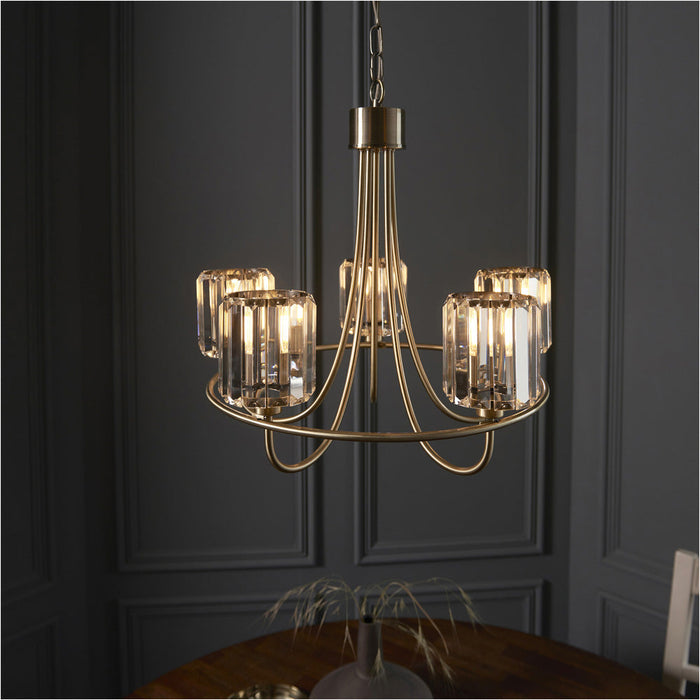 Multi Arm Hanging Ceiling Pendant Light - Antique Brass Plate & Clear Glass - 5 X 6W LED E14