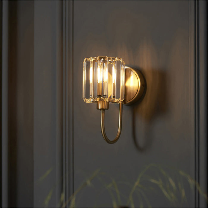 Indoor Antique Brass Plate Wall Light - Clear Glass Shade - Dimmable 6W LED E14