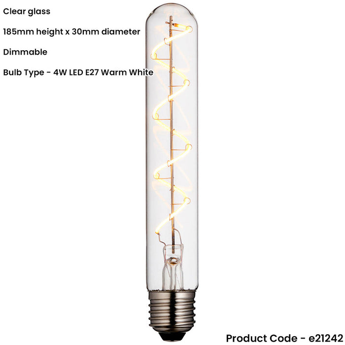 Clear Glass 4W E27 Tubular LED Light Bulb - Dimmable Warm White - 265lm 2200k