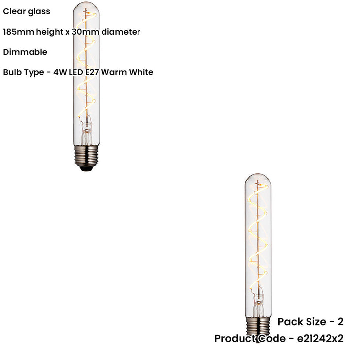 2 PACK Clear Glass 4W E27 Tubular LED Light Bulb - Dimmable Warm White - 265lm 2200k