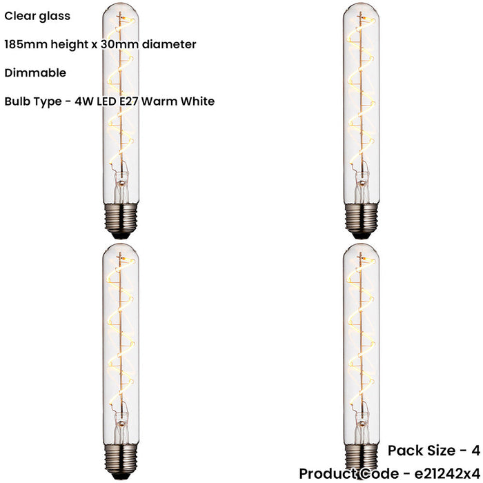 4 PACK Clear Glass 4W E27 Tubular LED Light Bulb - Dimmable Warm White - 265lm 2200k