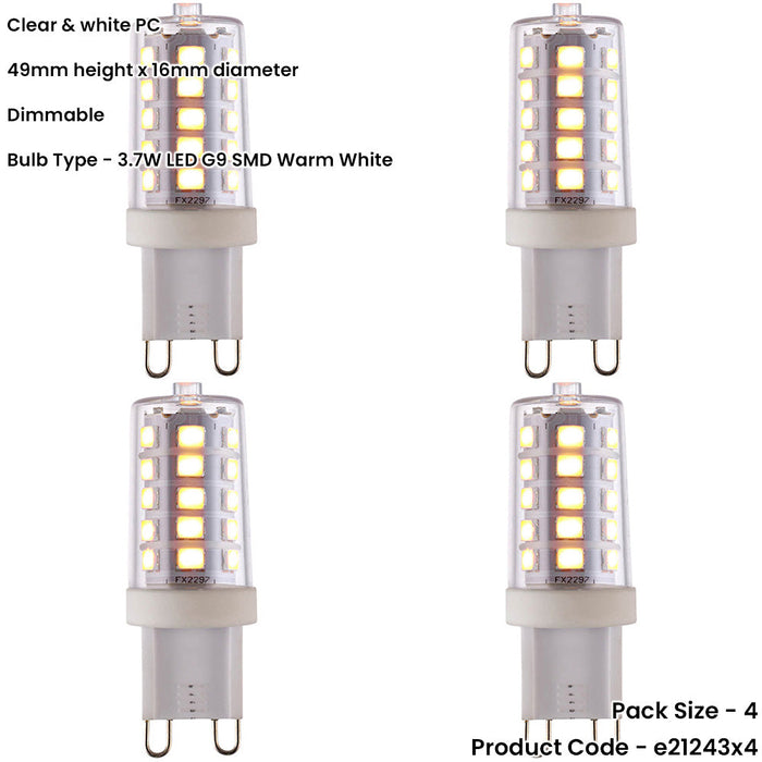 4 PACK Clear & White 3.7W G9 SMD LED Light Bulb - Dimmable Warm White - 470lm 3000k