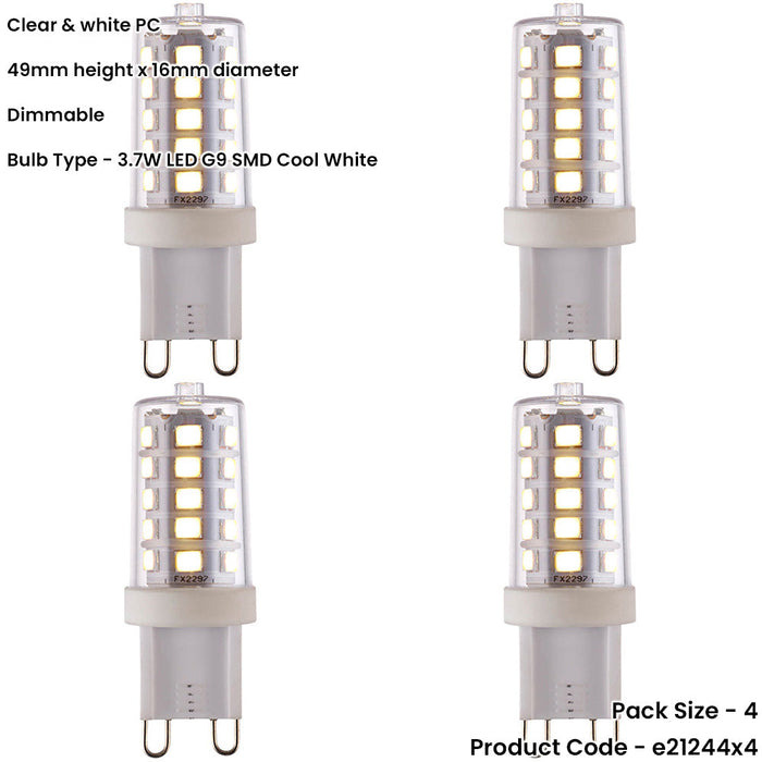 4 PACK Clear & White 3.7W G9 SMD LED Light Bulb - Dimmable Cool White - 470lm 4000k