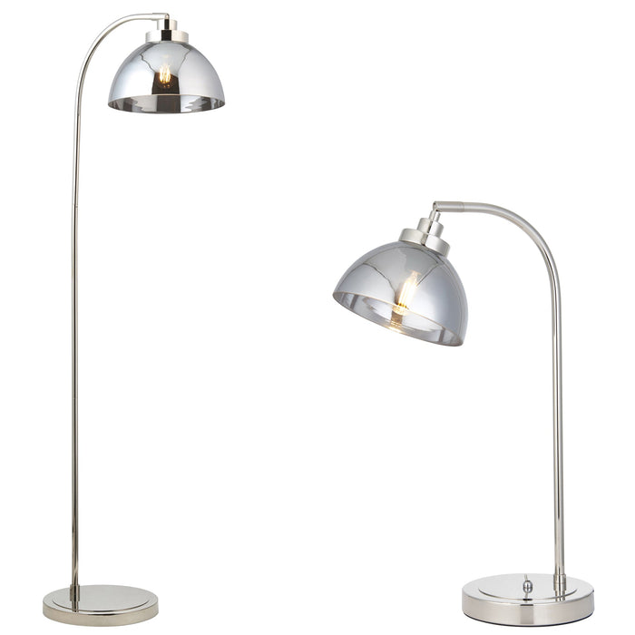 Standing Floor & Table Lamp Set - Bright Nickel Mirrored Glass Shade Task Light