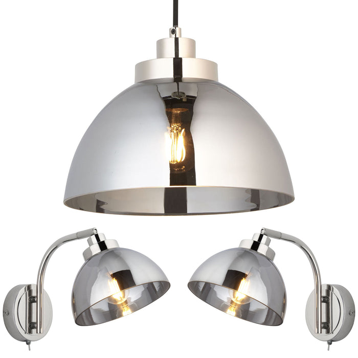 Ceiling Pendant Lamp & 2x Matching Wall Lights - Bright Nickel Mirrored Glass Dome Shade