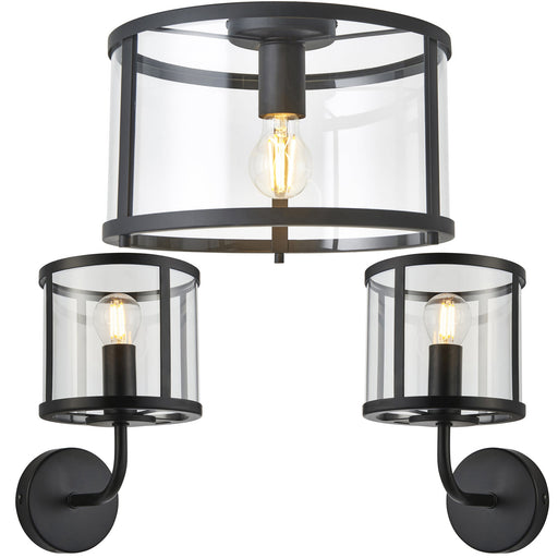 Flush Ceiling Light & 2x Matching Wall Lights - Matt Black Clear Glass Shade