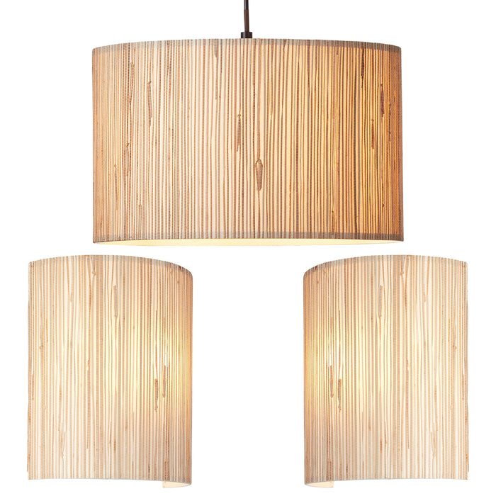 Ceiling Pendant Lamp & 2x Matching Wall Lights - Dimmable Natural Seagrass Drum Shades