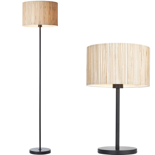 Standing Floor & Table Lamp Set - Natural Seagrass Drum Shades & Matt Black Metal Stands