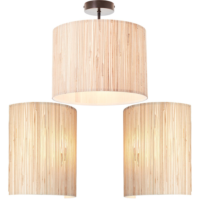 Semi Flush Ceiling Light & 2x Matching Wall Lights - Dimmable Natural Seagrass Drum Shades