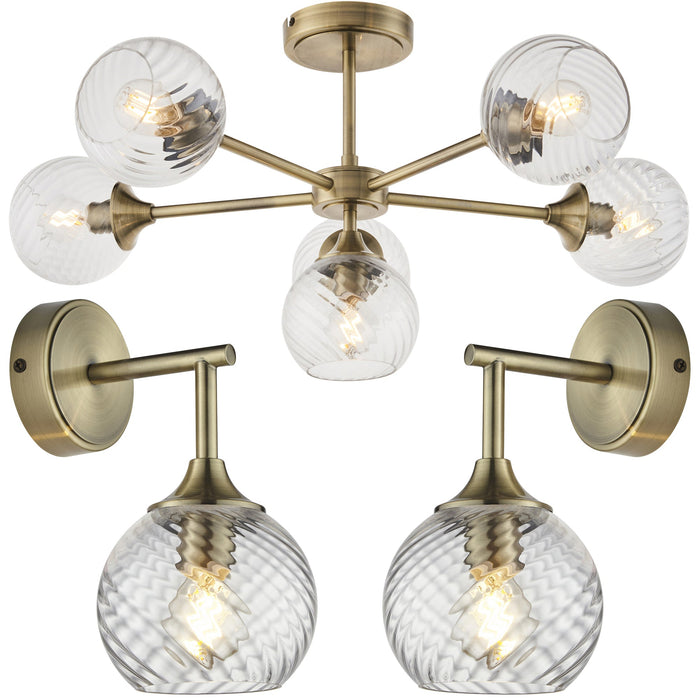 6 Light Semi Flush Ceiling & 2x Matching Wall Lights - Antique Brass Clear Spiral Patterned Shade