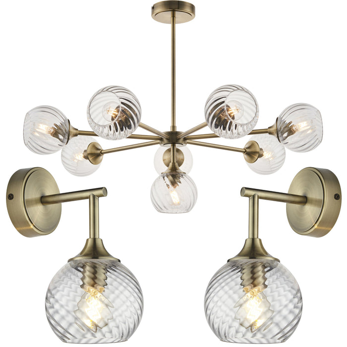 8 Light Pendant Lamp & 2x Matching Wall Lights - Antique Brass Clear Spiral Patterned Shade