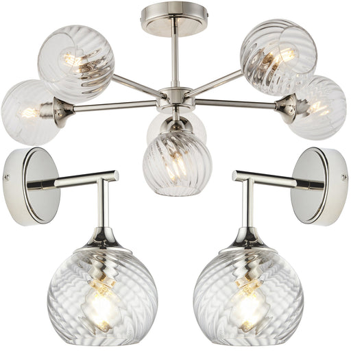 6 Light Semi Flush Ceiling & 2x Matching Wall Lights - Bright Nickel Clear Spiral Patterned Shade